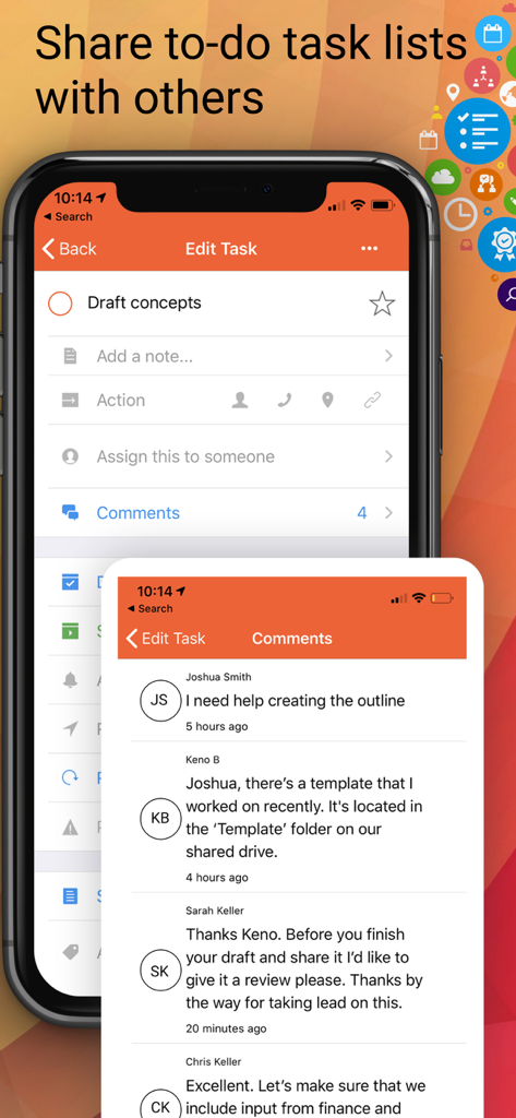 La interfaz muestra listas de tareas compartidas y comentarios de equipo en la aplicación Todo.