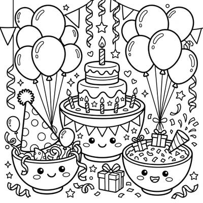 Get ready for a super cute celebration with this birthday party coloring page! Adorable bowls join a festive scene packed with cake, balloons, and confetti, promising hours of coloring joy.