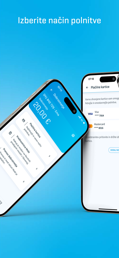 Two iPhones showing the Moj Mobi app interface with account balance and payment card options for recharging credit.