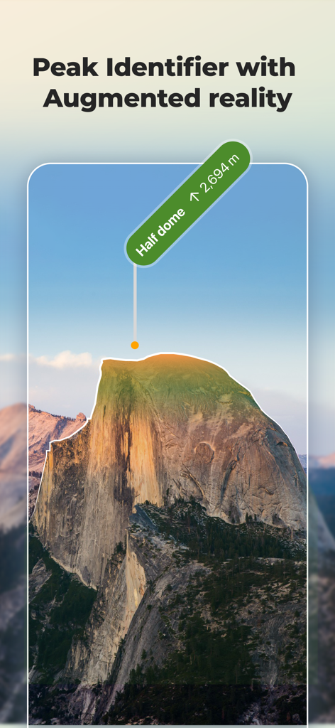 Wikiloc app peak identifier with augmented reality showing Half Dome name and elevation