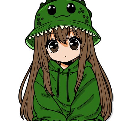 girl with anime shaped eyes with a dinosaur bucket hat oversized sweatshirt long straight hair