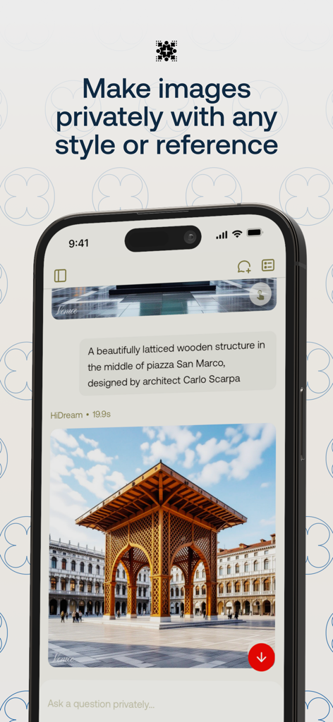 Venice AI - Interfaz de la app móvil Venice AI mostrando generación de imágenes privada y sin restricciones con una indicación personalizada