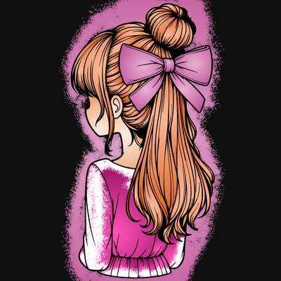 realistic girl  with hip length hair a bun and a big bow on the back of head
