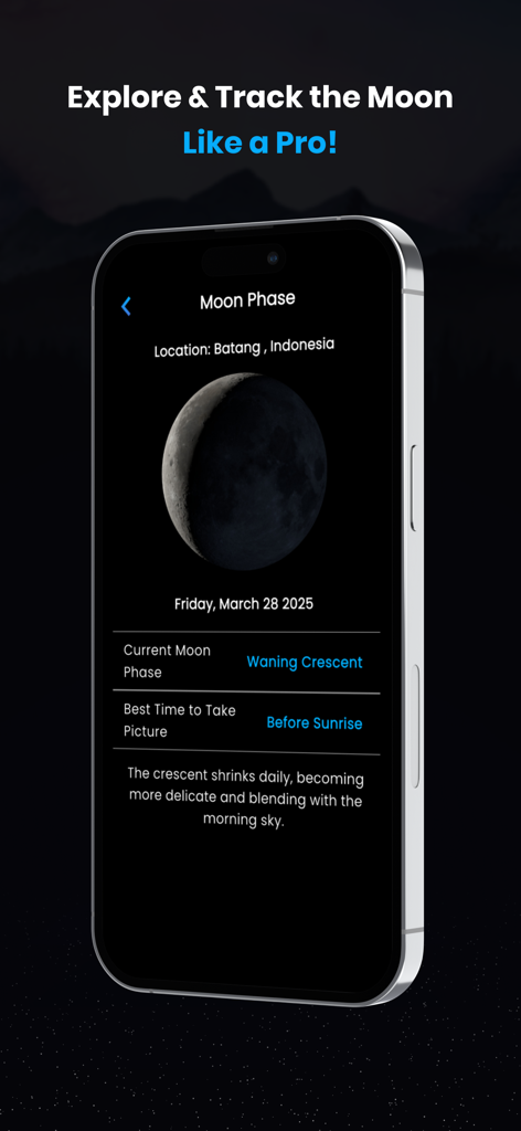 UltraZoom 200x - Super TeleCam - A mobile screen showing the Moon Phase tracking feature with a waning crescent moon and photography tips.
