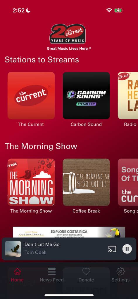 The Current Music - Pantalla de inicio de la aplicación The Current Music que muestra transmisiones de radio como Carbon Sound y la sección del Morning Show