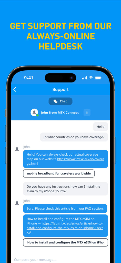 MTX Connect eSIM app support chat interface on an iPhone showing helpdesk conversation
