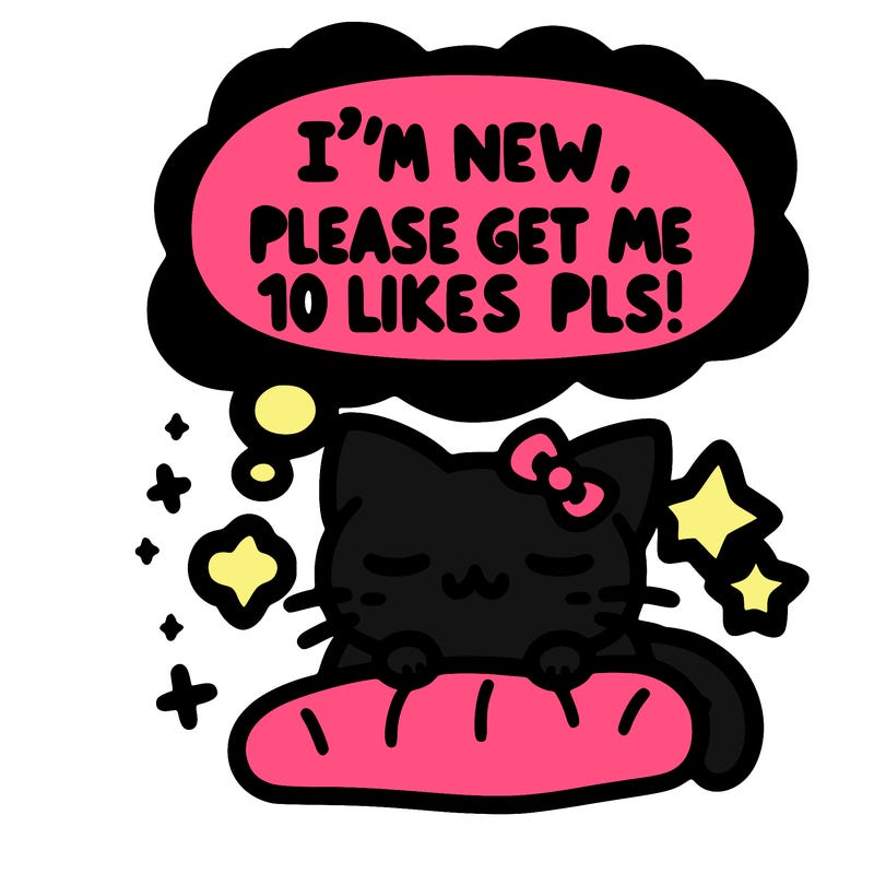 kitty taking a nap dream talking and saying "i'm new, please get me at least 10 likes pls!!"