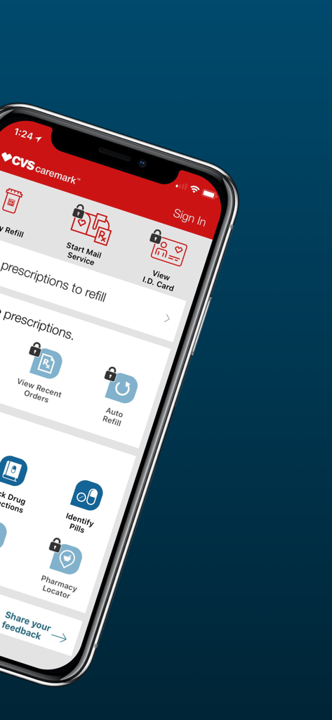 Mobile interface of the CVS Caremark app displaying prescription management and pharmacy tools