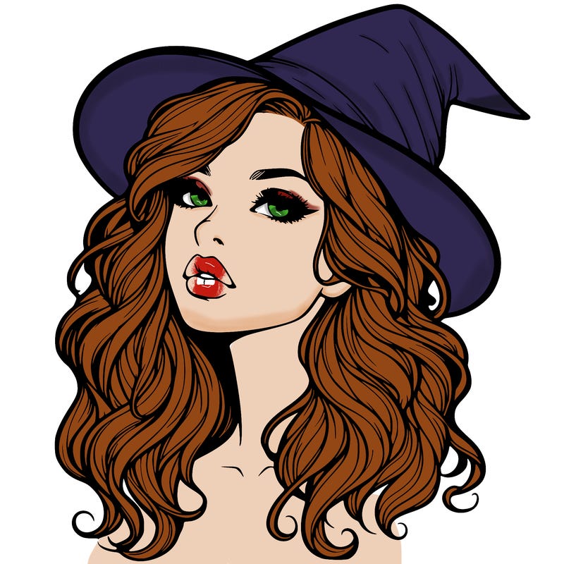realistic witch girl with wavy hair and lips