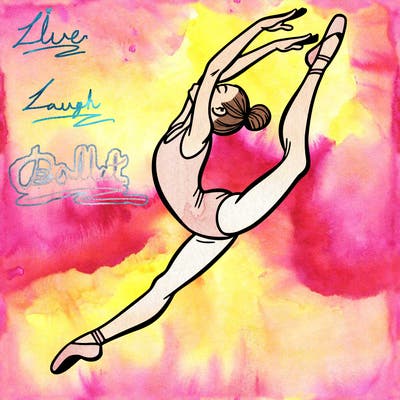 gymnast doing a leap in a leotard with a bent back leg