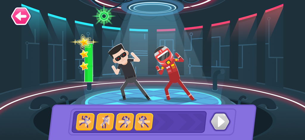 Dance Party Coding for kids - Two characters dancing on a sci-fi stage with block-based coding commands at the bottom.