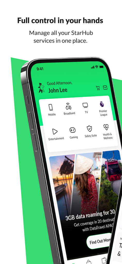StarHub App - StarHubモバイルアプリのダッシュボード画面。モバイル、ブロードバンド、エンターテイメントサービスを管理するオプションが表示されています。