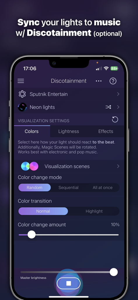iConnectHue for Philips Hue - iConnectHue app interface showing discotainment settings to sync smart lights with music