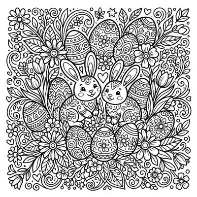 Dive into the festive spirit with this charming Easter line art coloring page, featuring two adorable bunnies nestled among beautifully patterned eggs. Its intricate details and spring blossoms offer a delightful challenge for all ages, perfect for celebrating the season.