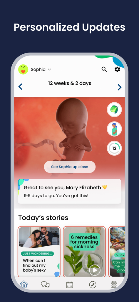 BabyCenter Track Pregnancy App - A screenshot of the BabyCenter app showing 3D fetal development at 12 weeks with personalized pregnancy updates and health stories.