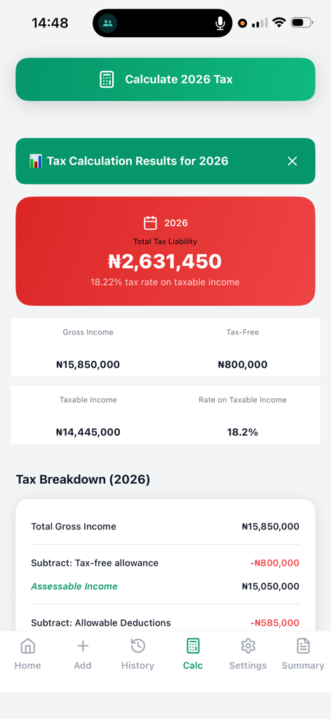TaxPaddy - TaxPaddy app screen showing 2026 tax liability calculation and breakdown for Nigeria