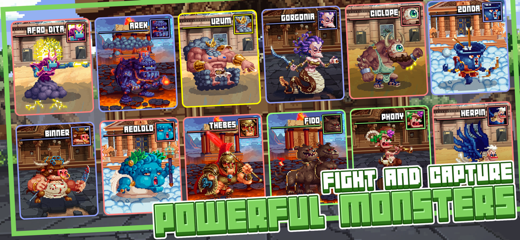 A display of twelve unique pixel art monsters from Bit Heroes Quest with the text Fight and Capture Powerful Monsters.