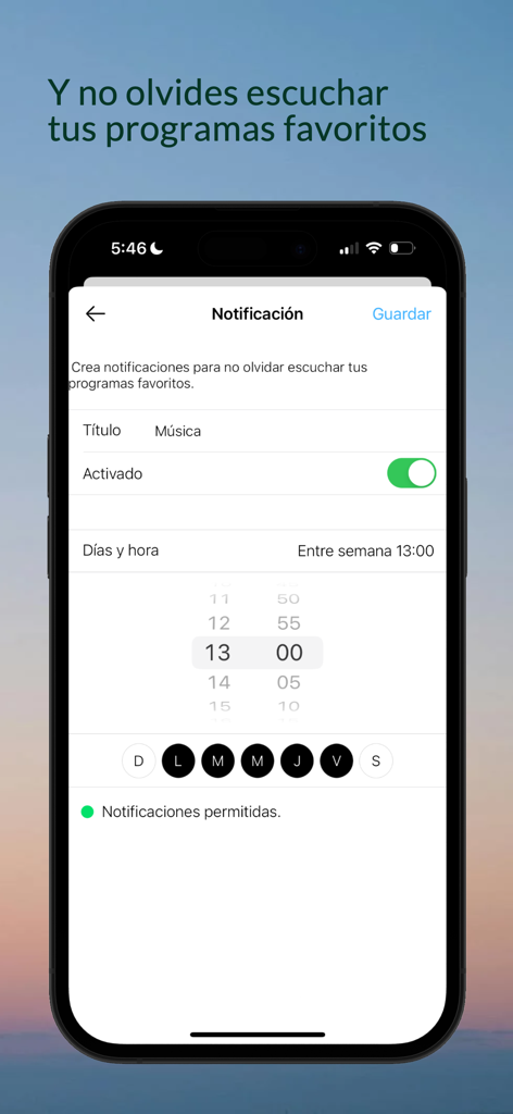 Radios Paraguay - Captura de pantalla de la aplicación Radios Paraguay que muestra la pantalla de configuración de recordatorios de notificación para programar la escucha de programas de radio favoritos.