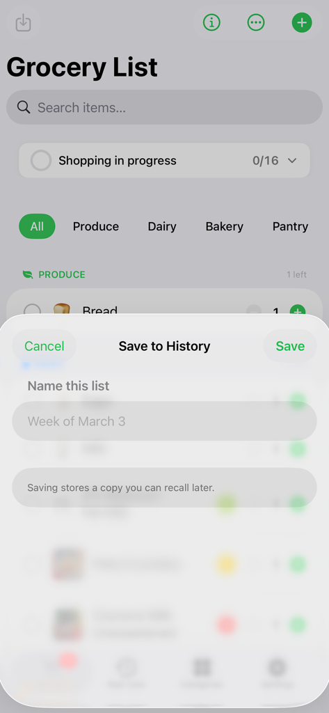 Grocery/ShoppingList - The save to history popup in the MyGroceryList app allowing users to name and reuse their shopping lists