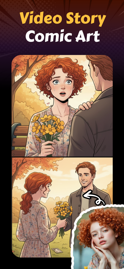 A real photo of a girl transformed into a comic book video story featuring emotional storytelling