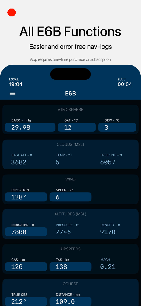 E6B Aviation Calculator - FLT9 - Digital E6B aviation calculator interface displaying atmosphere wind and airspeed calculations