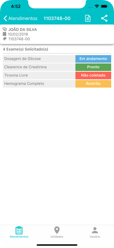 Laboratório Hemolab - Interface do aplicativo móvel Laboratório Hemolab mostrando o status em tempo real dos exames médicos