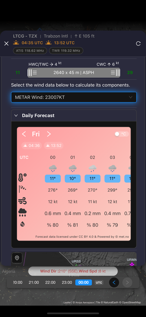 Airops Copilot - Airops Copilot app screen showing runway wind calculations and an hourly aviation weather forecast.