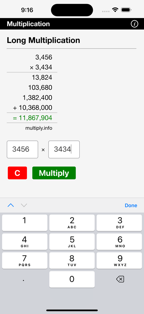 Una captura de pantalla de la aplicación Calculadora de Multiplicación Larga que muestra el desglose paso a paso de un problema de multiplicación grande con productos parciales y la respuesta final
