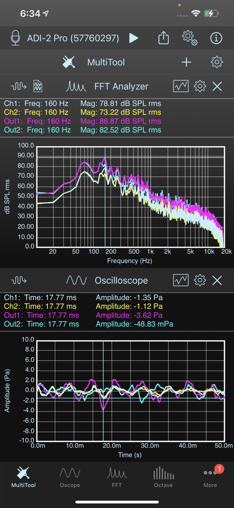 SignalScope X - Interface MultiTool do SignalScope X com gráficos simultâneos de espectro FFT e osciloscópio