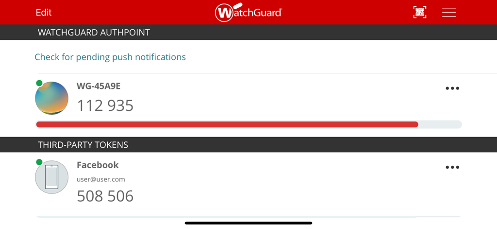 WatchGuard AuthPoint app interface showing authentication codes and third-party tokens