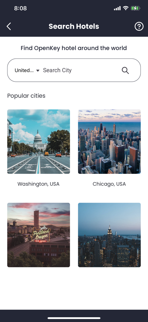 Suchoberfläche der OpenKey App mit beliebten Hotelstandorten wie Washington und Chicago