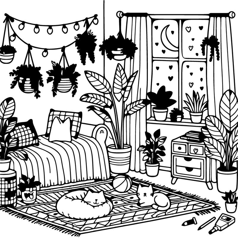 cozy room with plants and cats