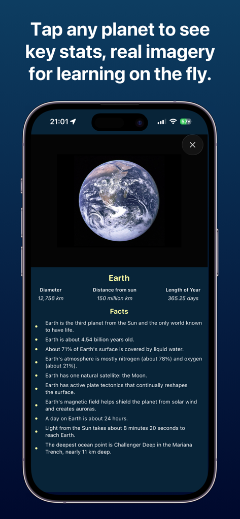 Planets AR: Solar System 3D - Educational statistics and facts about Earth in the Planets AR solar system app