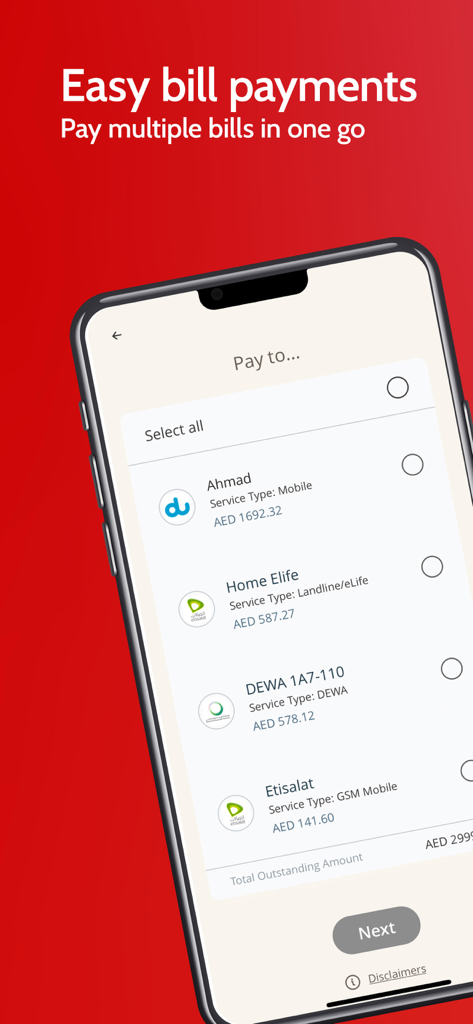 RAKBANK App - RAKBANKアプリのインターフェースに、一度に公共料金を支払うための複数の請求書支払い機能が表示されています。