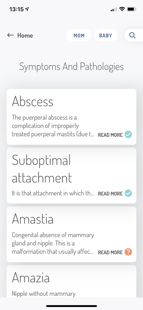 LactApp Medical app screen displaying a list of breastfeeding symptoms and pathologies for healthcare professionals