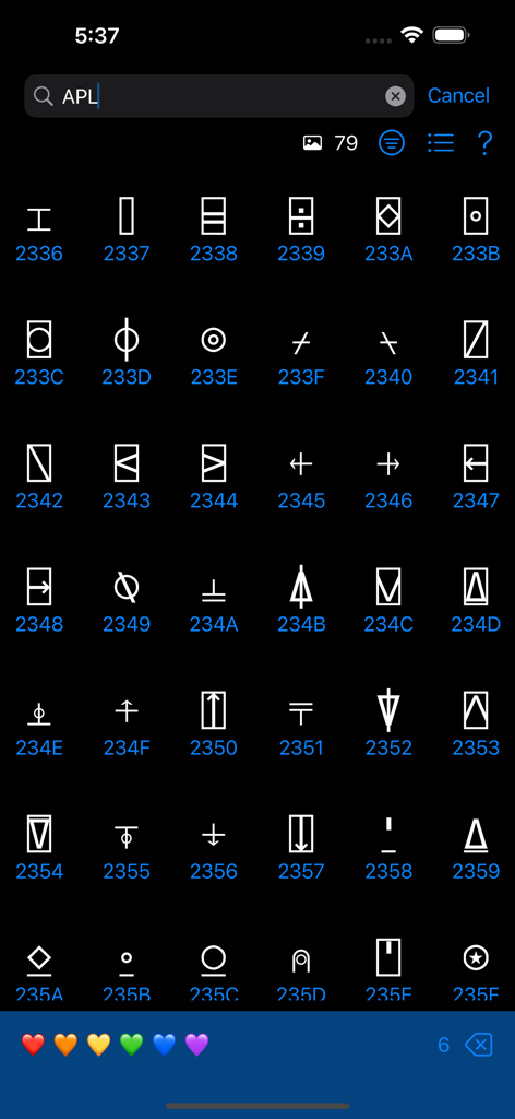 Search results for APL functional symbols in the Technicode app showing glyphs and hex codes