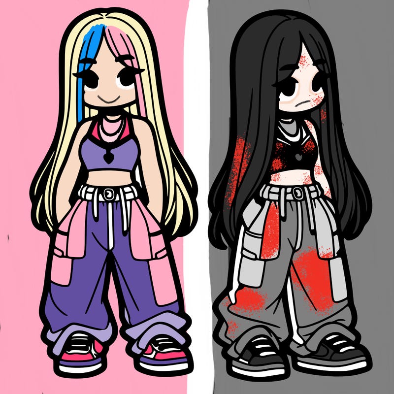 girl in baggy pants crop top and long hair