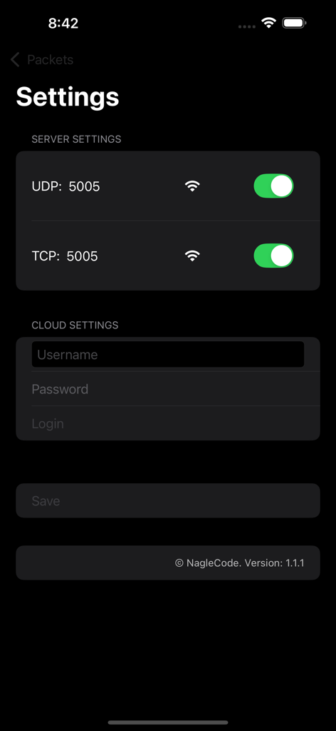 Packet Sender - UDP/ TCP/ SSL - Tela de configurações do aplicativo Packet Sender mostrando alternâncias de servidor e login na nuvem
