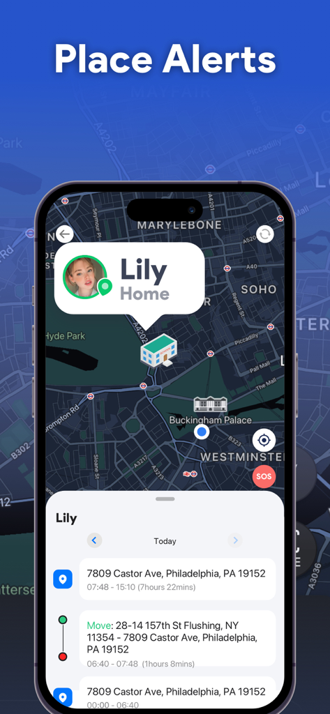 GPSトラッカーアプリのインターフェース。家族メンバーの場所アラートと位置情報履歴ログを表示