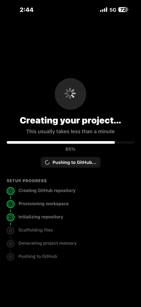 Sifr IDE - Sifr IDE mobile app showing the project creation progress screen with GitHub integration steps