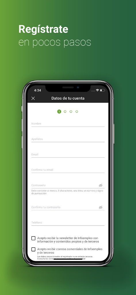 Infoempleo -Trabajo y empleo - 계정 세부 정보를 입력하는 필드가 있는 Infoempleo 구직 앱의 등록 페이지를 표시하는 스마트폰 화면