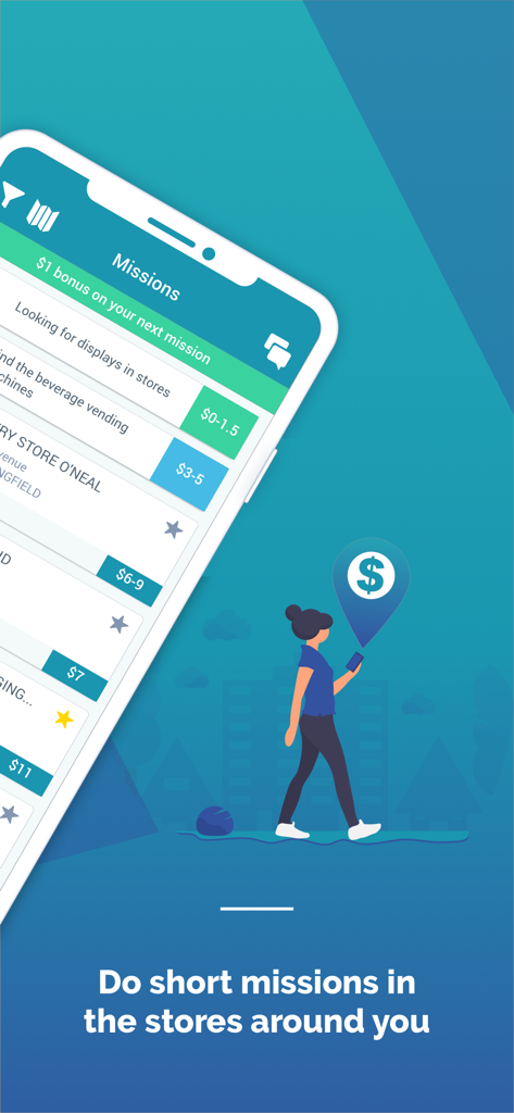 BeMyEye - Earn money - Screenshot dell'app BeMyEye che mostra un elenco di missioni retribuite e una grafica di una persona che guadagna denaro mentre fa la spesa