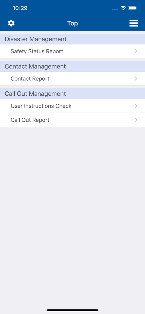 SECOM Safety confirmation - Main menu of the SECOM Safety Confirmation app showing options for disaster and contact management.