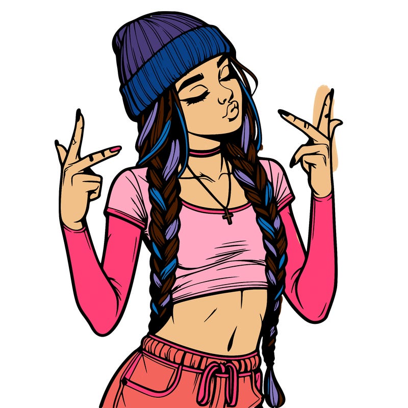 realistic teenage girl with braids and a beanie and crop top doing 🫶🏼