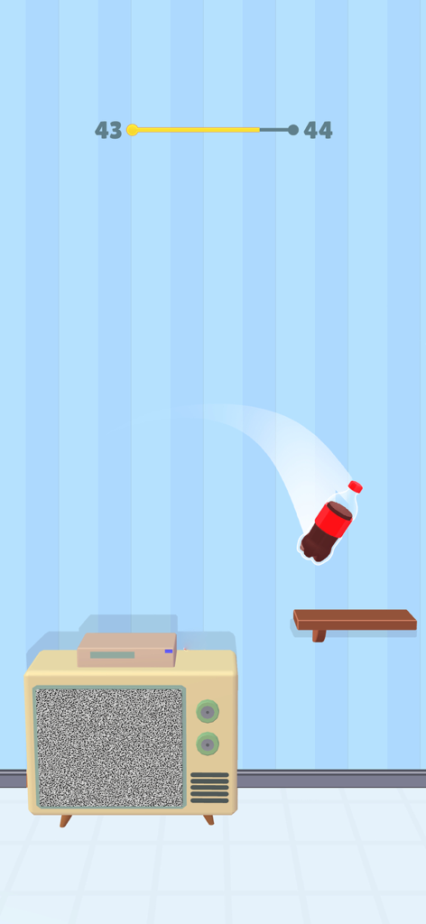 Flip the Bottle: Jump Bottle - Soda bottle flipping from a vintage television towards a shelf in the Flip the Bottle game