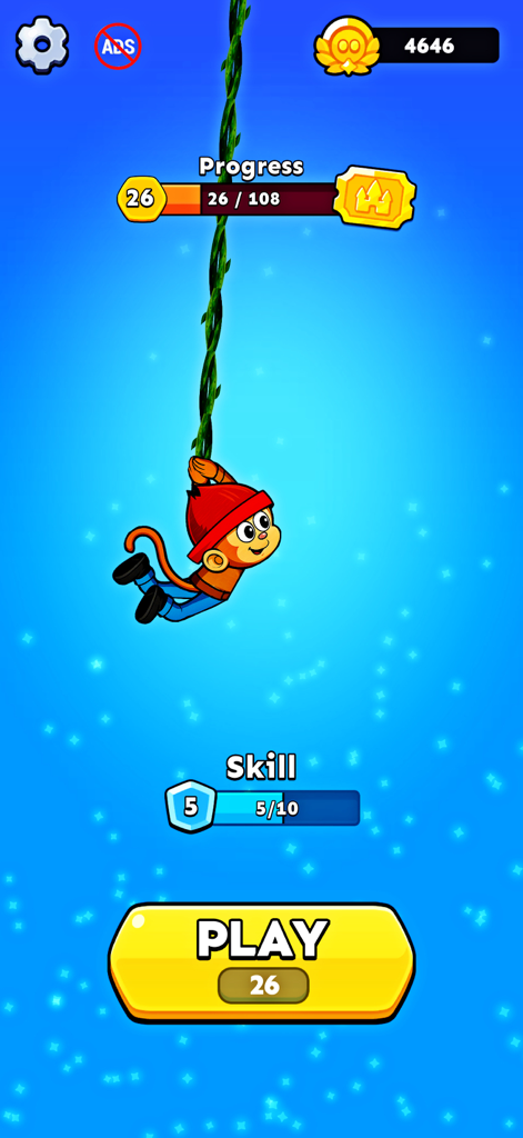 Monkey Hook - No Wifi Game - Pantalla del menú principal del juego Monkey Hook que muestra al héroe mono colgando de una liana con barras de progreso y habilidades