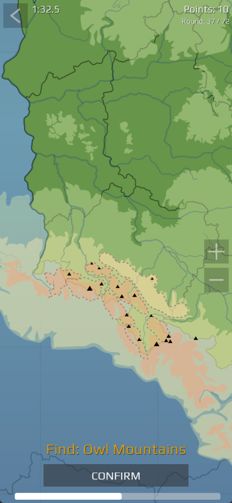 Poland Quiz (Qbis Studio) - Gameplay screenshot of the Poland Quiz app showing a map prompt to locate the Owl Mountains