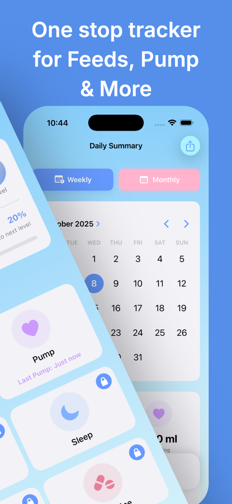 Baby Tracker-Feed & Pump Timer - Interfaccia dell'app Baby Tracker che mostra un calendario e schede di registrazione per tiralatte e sonno