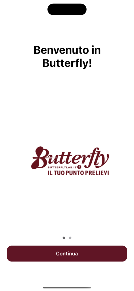 Schermata di benvenuto per l'app medica Butterfly Laboratorio Analisi con il logo e un pulsante di continuazione