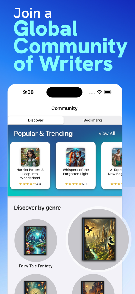 Author AI mobile app interface showing a community page with popular trending stories and book categories by genre.